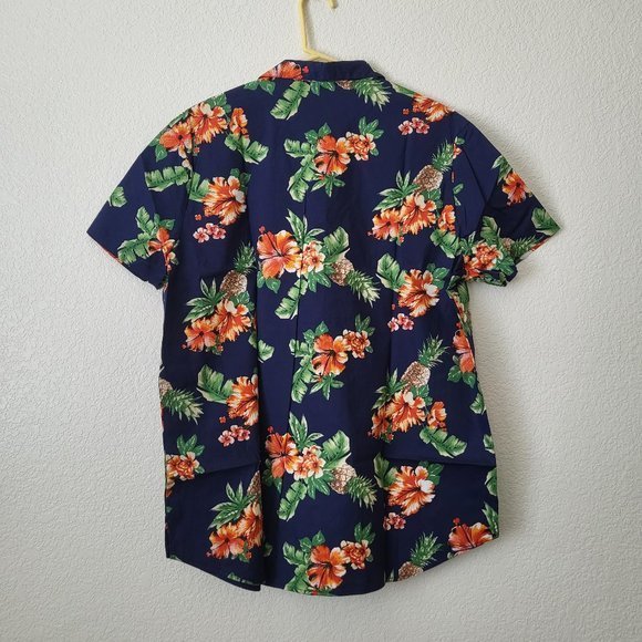 Men's Hawaiian‎ Aloha Traditional Pineapple All Over Print Button Up Shirt, Navy - Picture 6 of 6